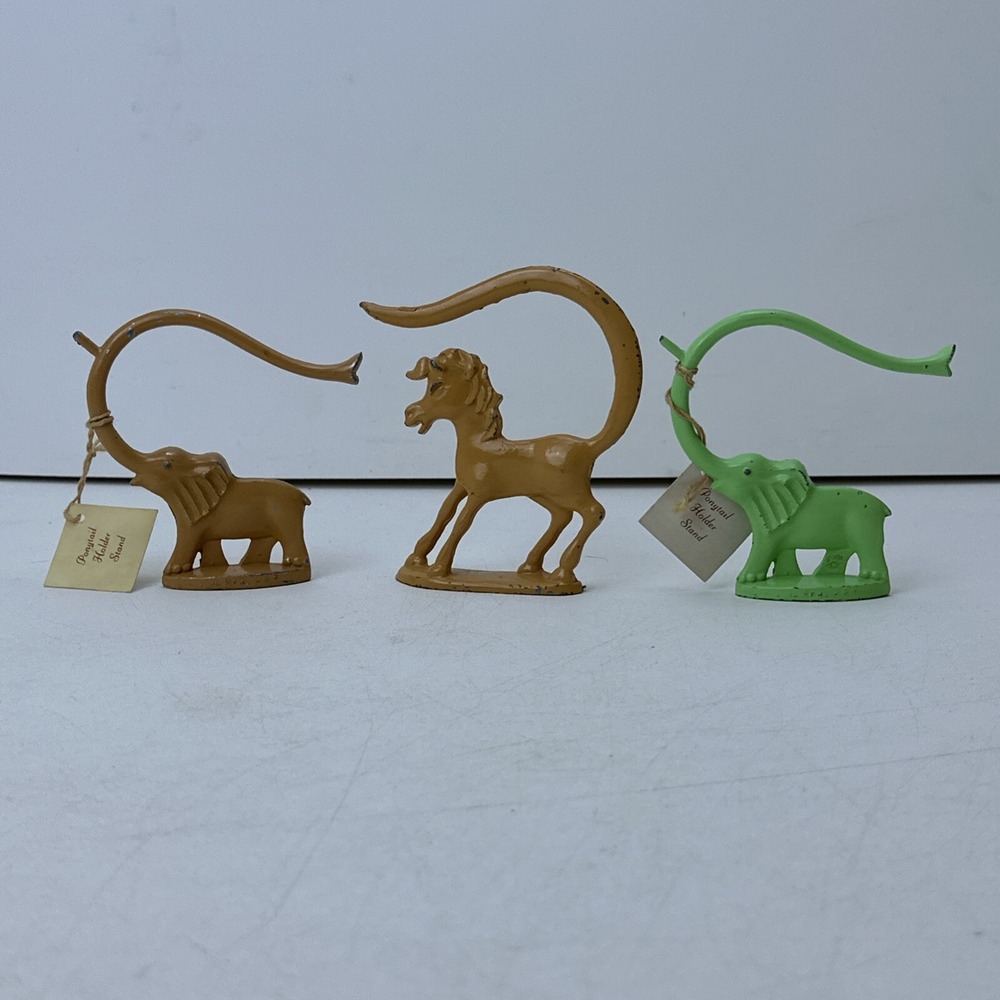 Lot 3 Metal Ponytail Holder Stands Vintage Brown Horse Seafoam Green Elephant